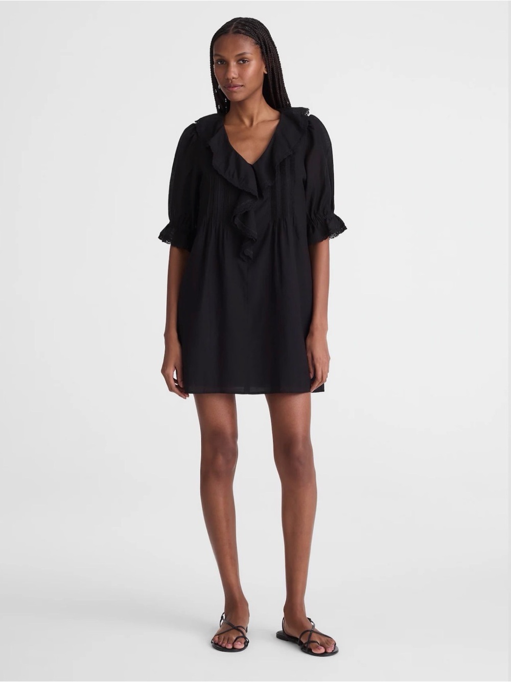 Madewell The Blaire Mini Dress Jet Black Ruffle Cotton Blend Size M $138
